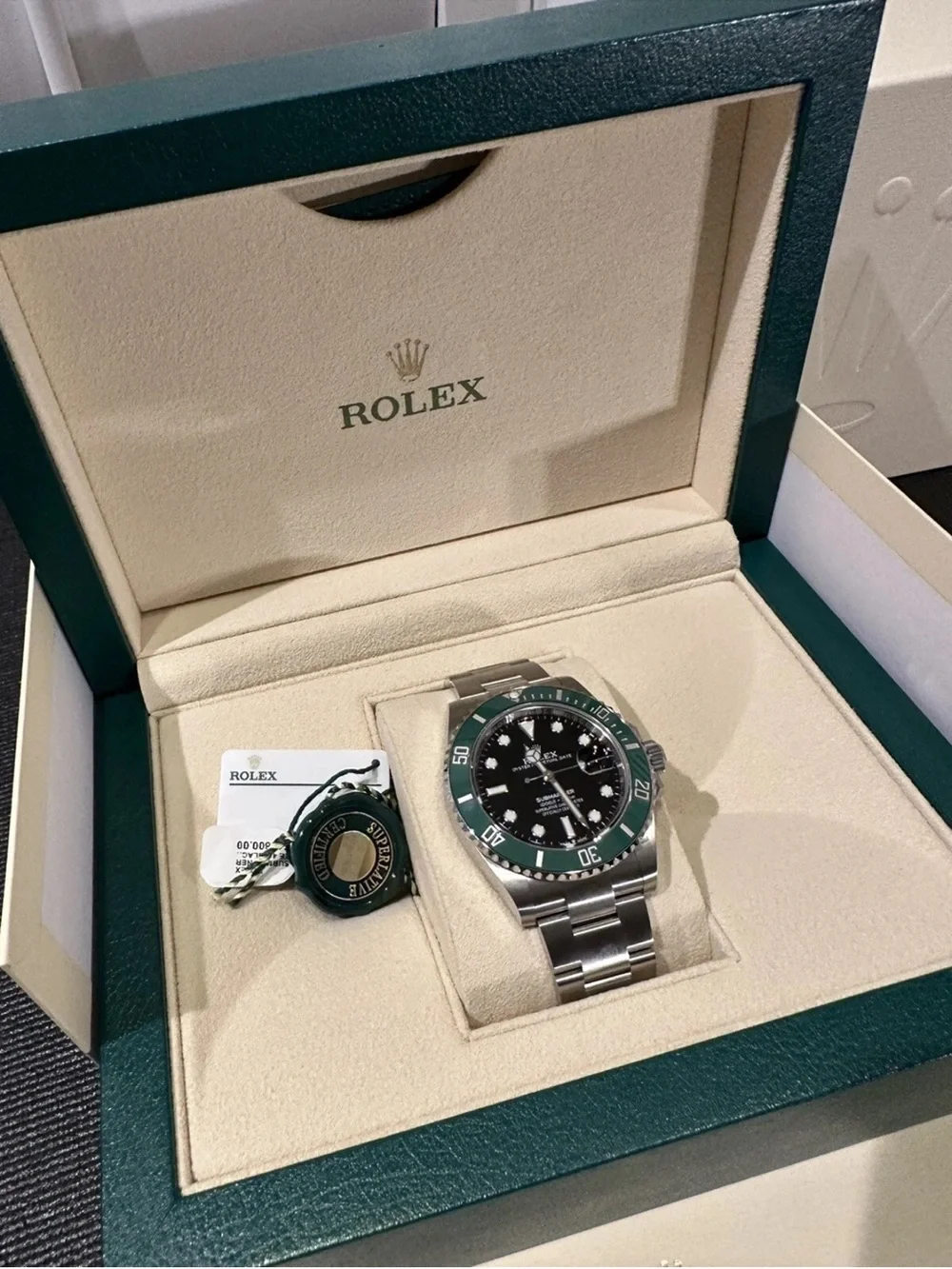 Rolex Submariner Stainless Steel Watch with Green Bezel and Black Dial